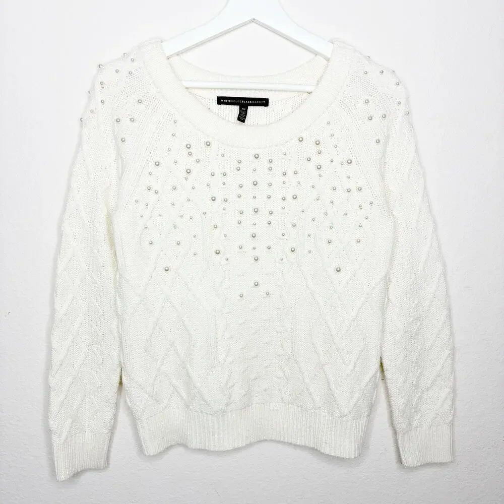 White House Black Market Cream Cable Knit Pearl Embellished Sweater XS - Picture 2 of 10